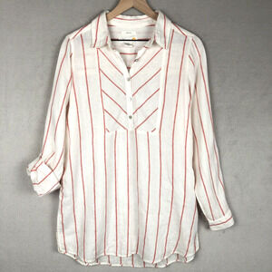 C&C CALIFORNIA 100% Linen Tunic Sz M White Red Stripe 1/2 Button Roll Tab Sleeve